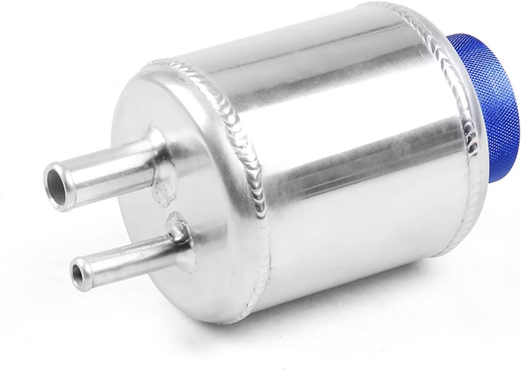 Aluminum power steering fluid reservoir tank with twin outlet ports and blue cap