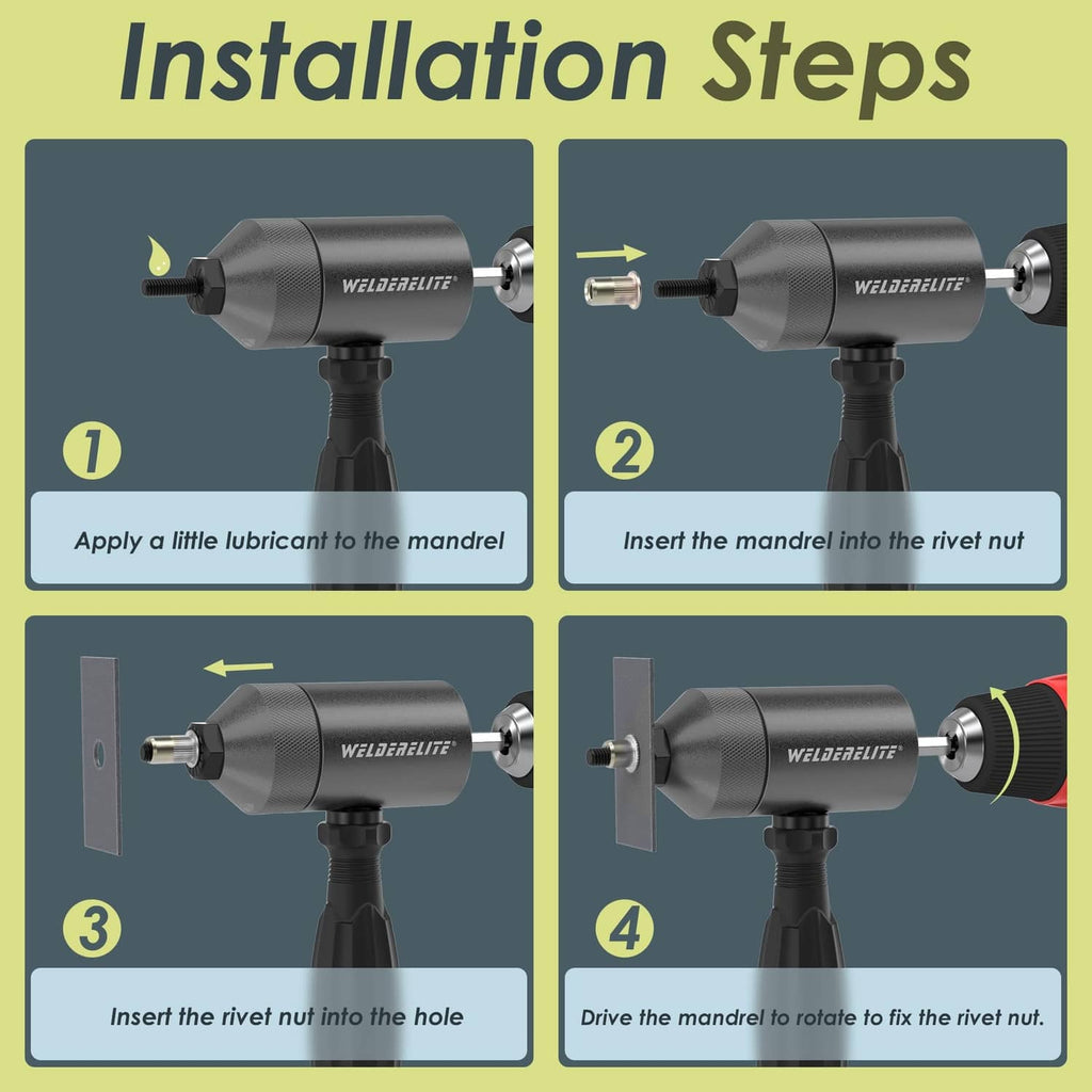 Gray rivet nut drill adapter kit showing mandrel insertion and drive preparation steps