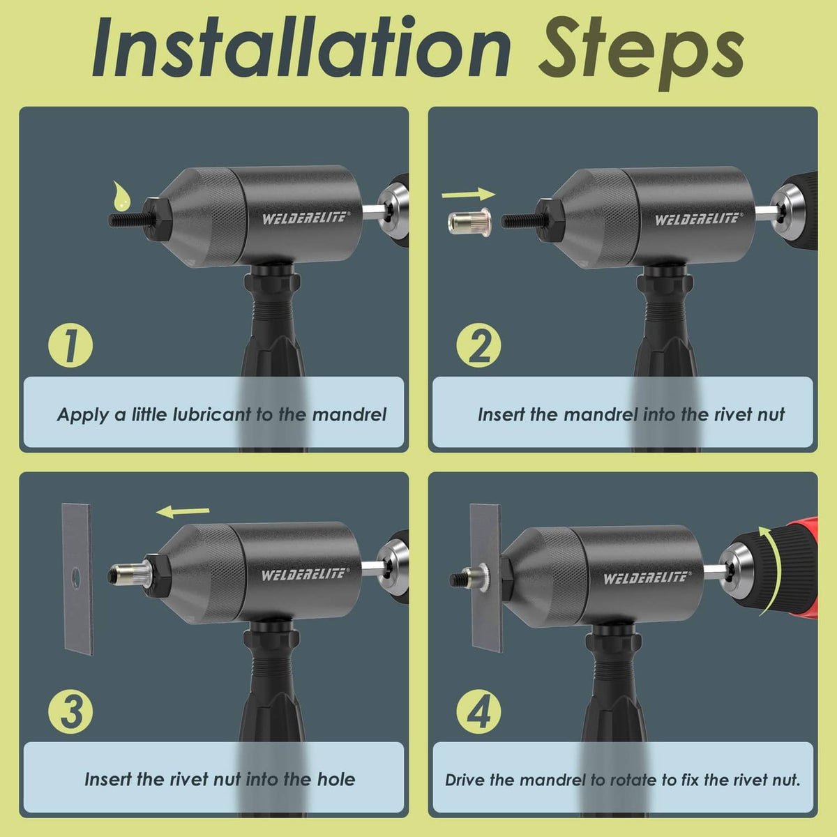 Gray rivet nut drill adapter kit showing mandrel insertion and drive preparation steps