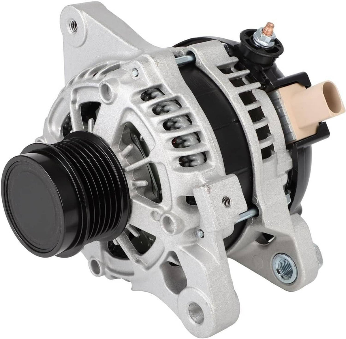 Alternator angled view with black ribbed pulley and electrical connector