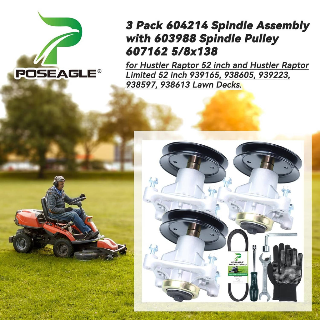 3-pack lawn mower spindle pulley assembly kit with belt, spacers, and gloves