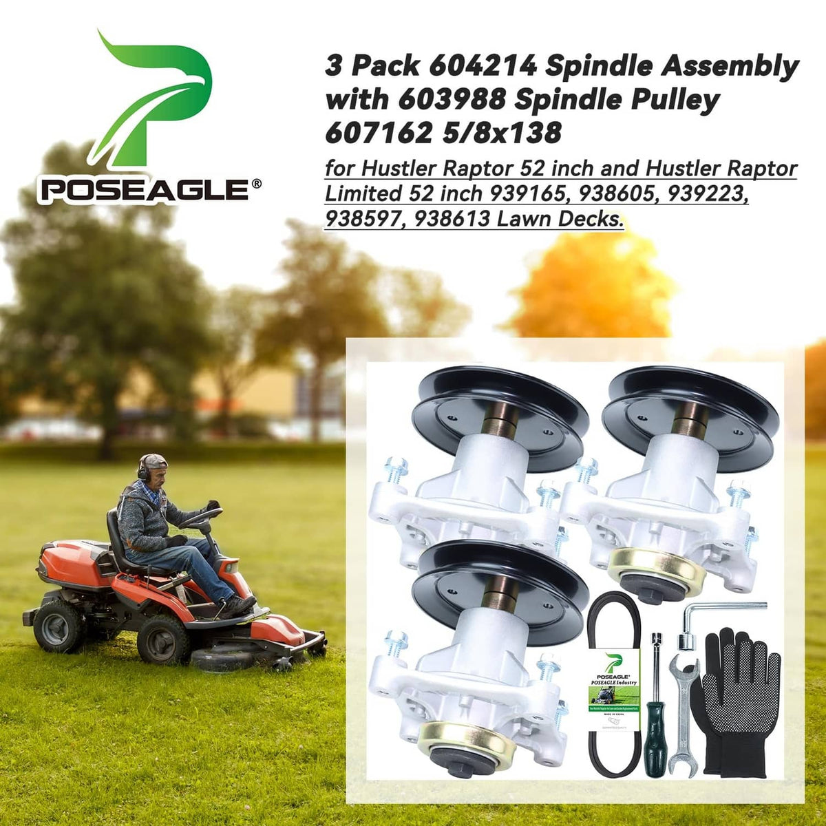 3-pack lawn mower spindle pulley assembly kit with belt, spacers, and gloves