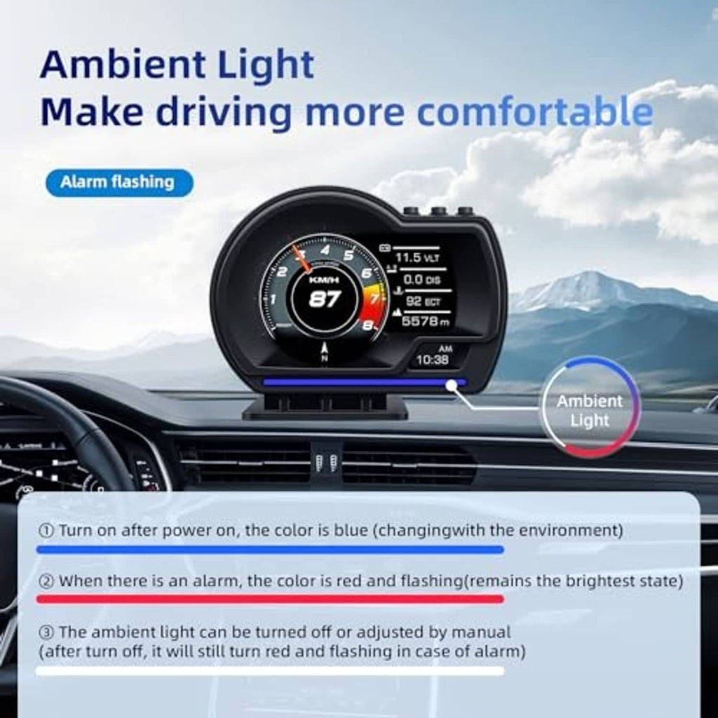 Black OBD2 GPS HUD smart gauge with blue ambient light bar and circular speed display
