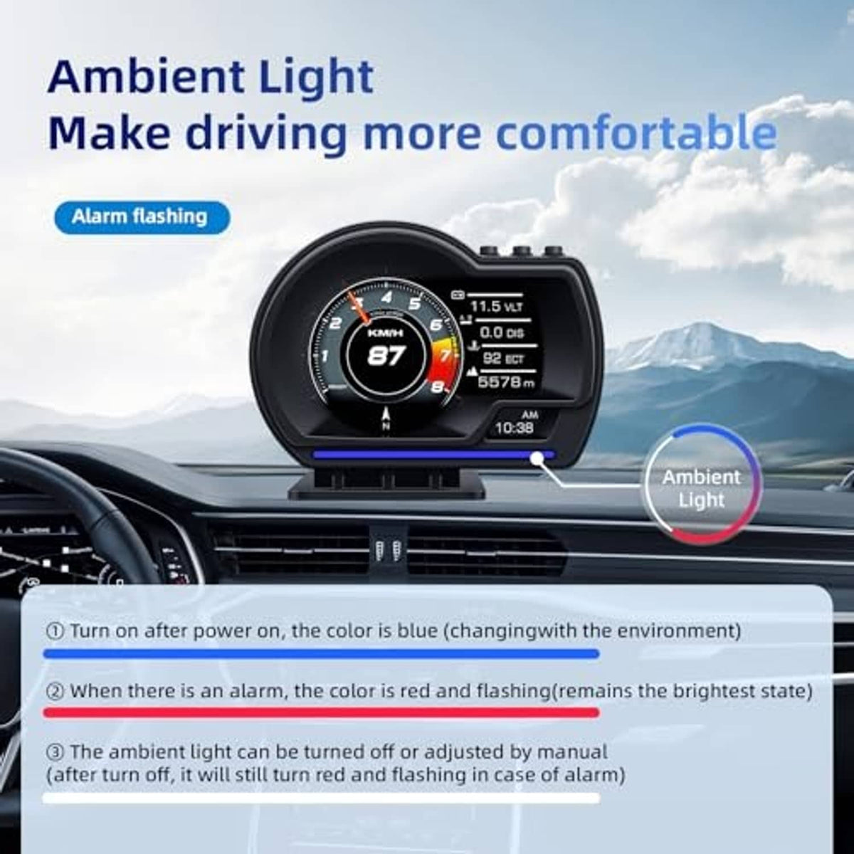 Black OBD2 GPS HUD smart gauge with blue ambient light bar and circular speed display