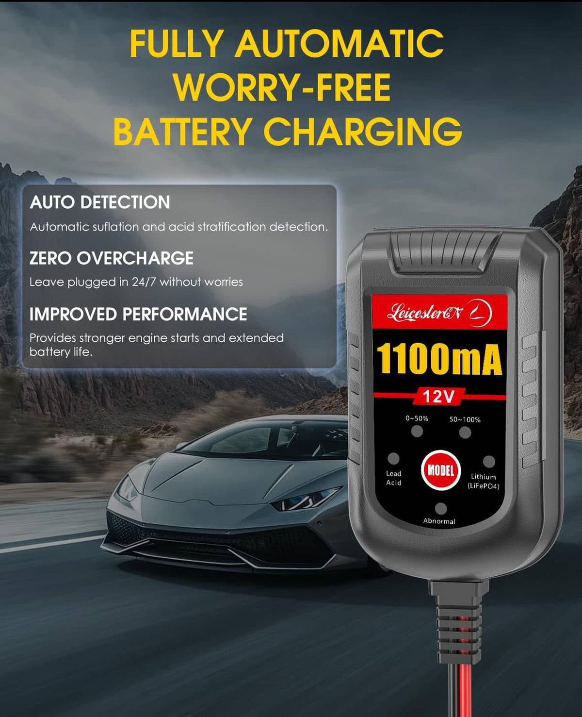 Fully automatic 12V 1100mA battery charger connected to the vehicle power cable
