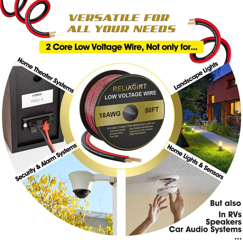 Low-voltage 2-core wire spool with red and black cable, shown as 18AWG 50FT