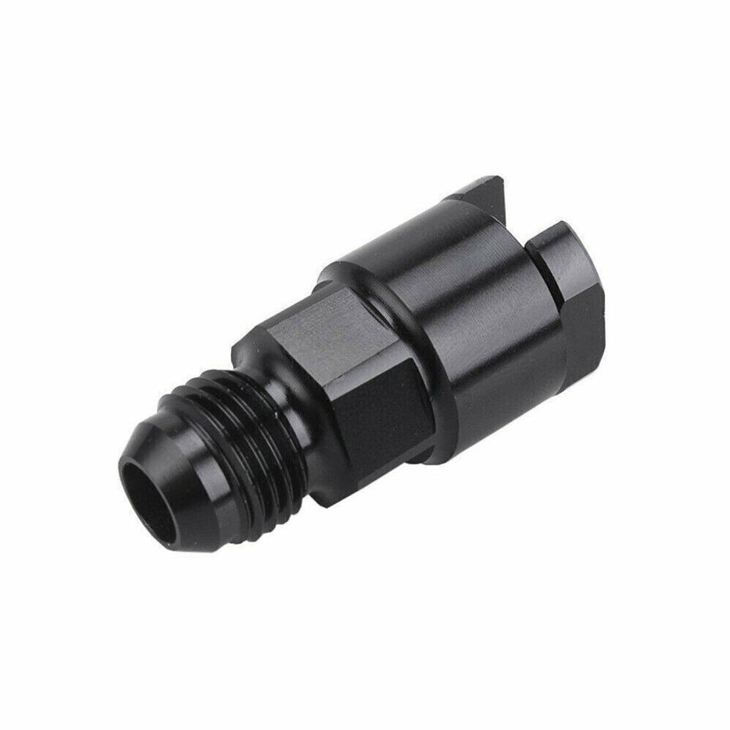Black 6AN quick-connect fuel adapter with female thread ports, close view