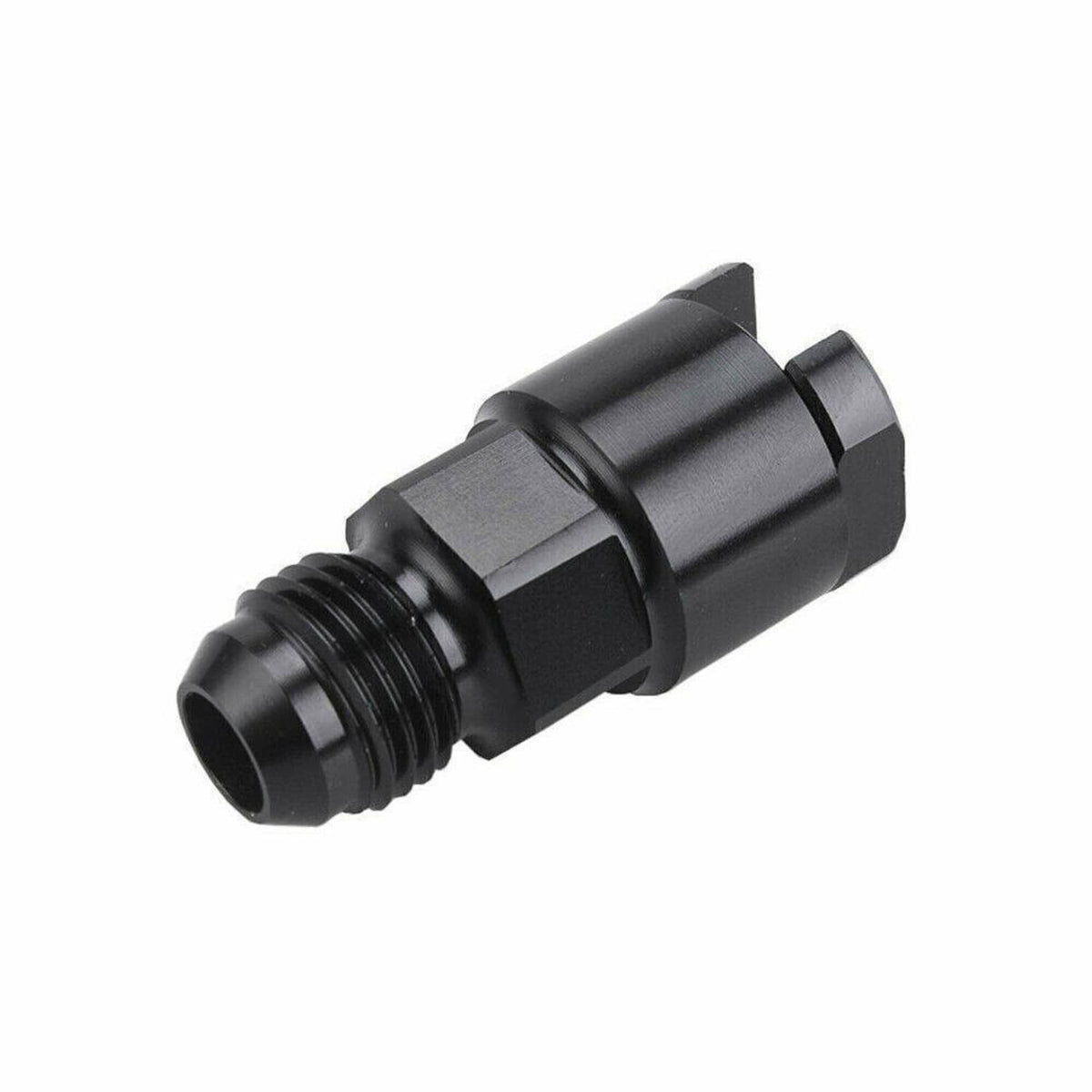 Black 6AN quick-connect fuel adapter with female thread ports, close view