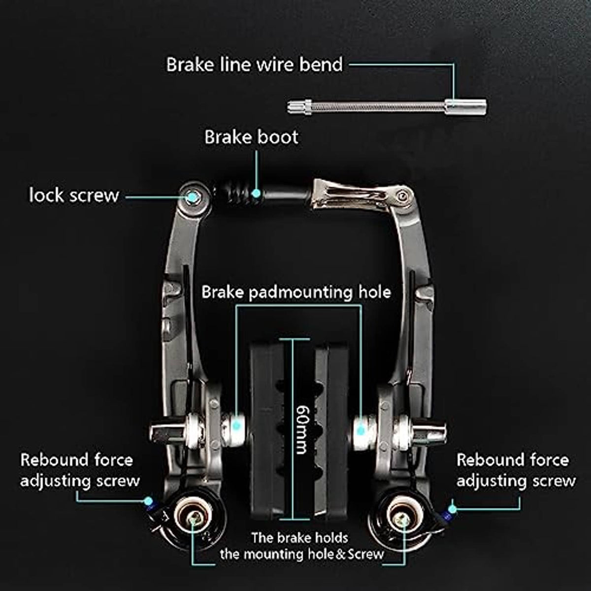Bicycle V brake mechanism with labeled parts, brake pads, and adjustment screws