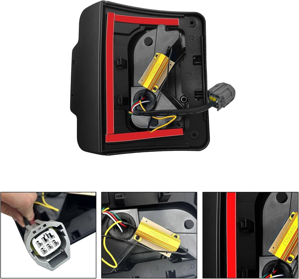 LED tail light housing with wiring and internal LED modules, black backplate