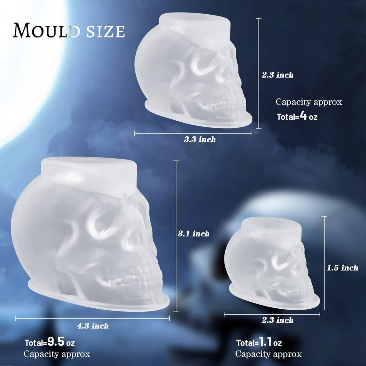Transparent skull silicone molds with size chart for large, medium, and small
