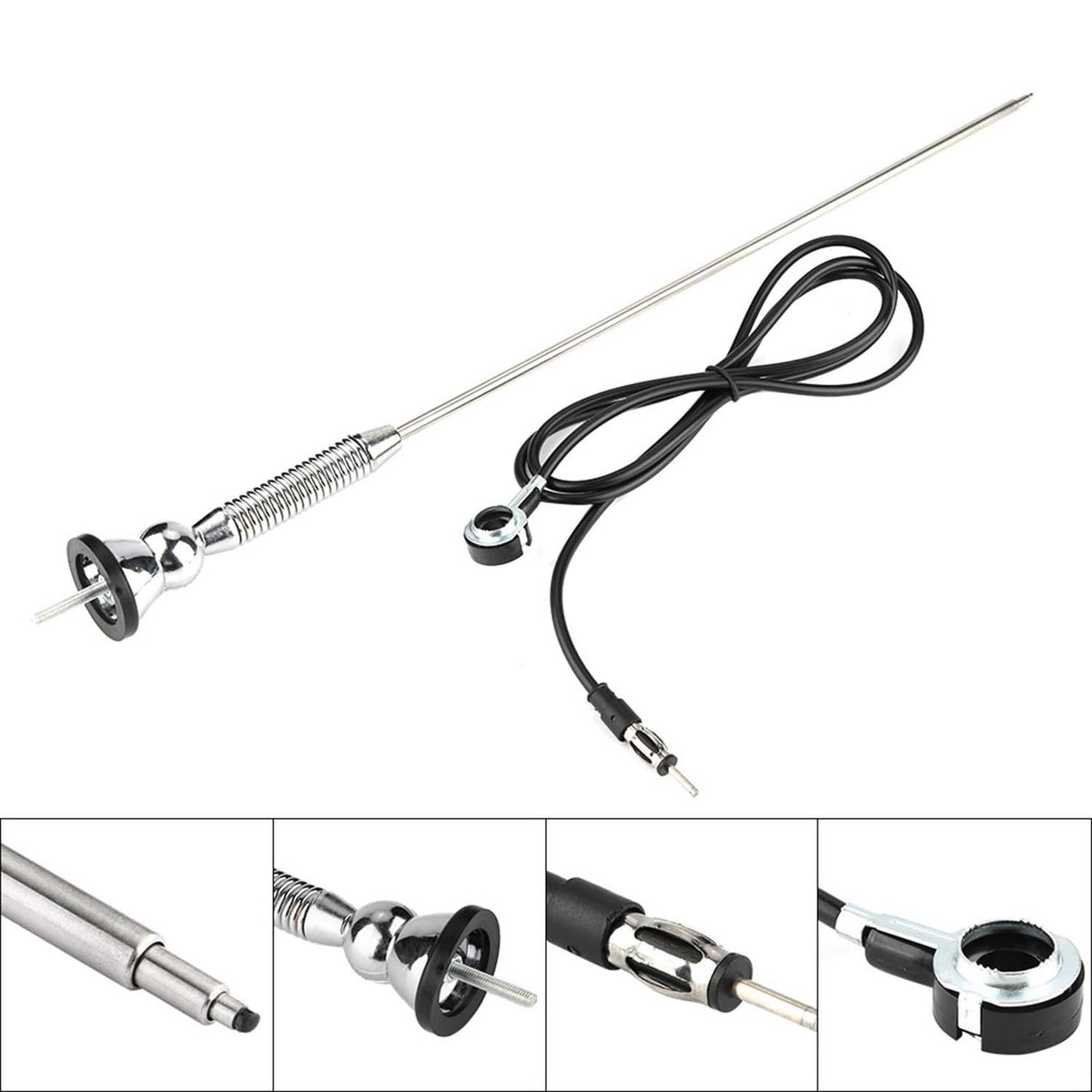 Universal car antenna set with silver mast, chrome mount ring, black wiring and adapter