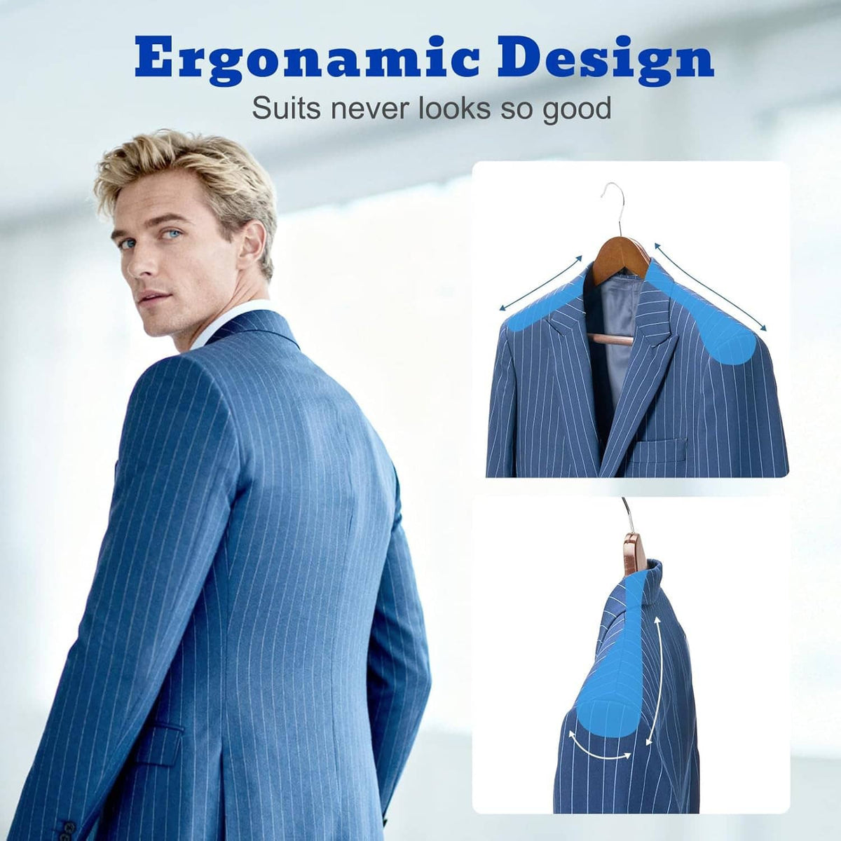 Wooden suit hanger with wide shoulders and chrome hook, holding a blue jacket