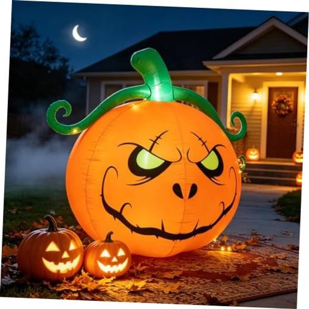 Lighted inflatable jack-o'-lantern pumpkin with green curly stem and smiling face