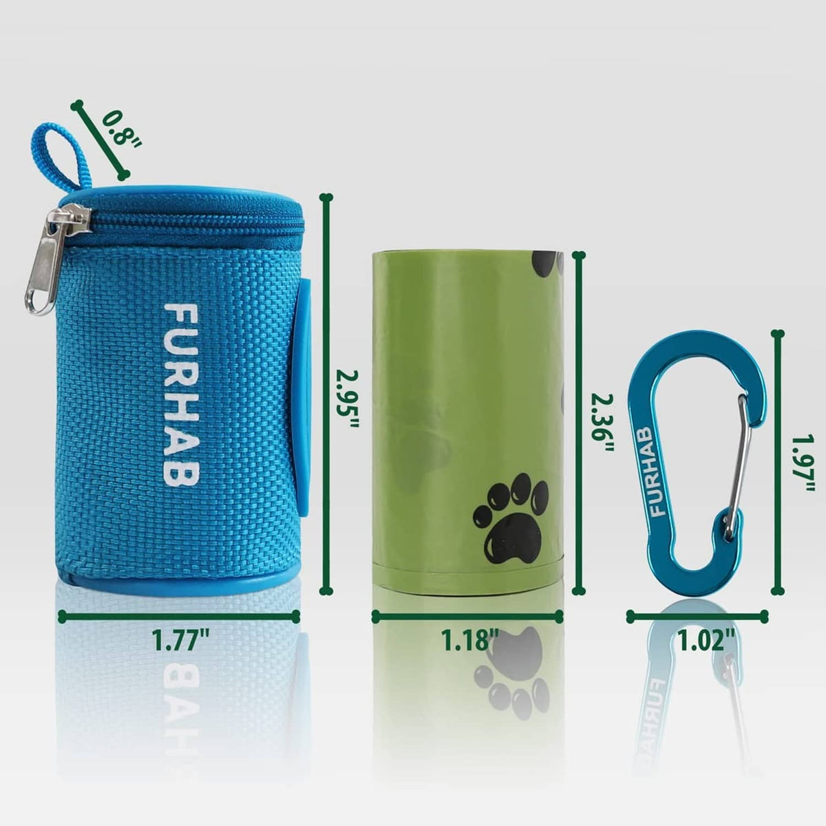 Sky blue FURHAB poop bag holder pouch with carabiner and paw-print design