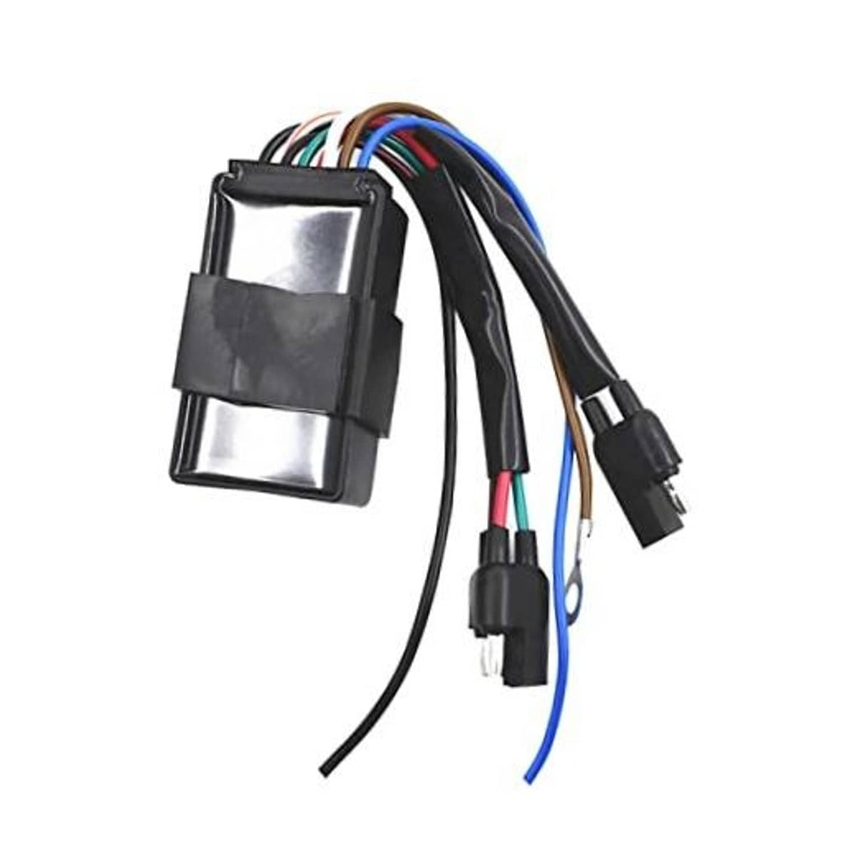 CDI ignition module box with multicolor wire harness and two connector plugs