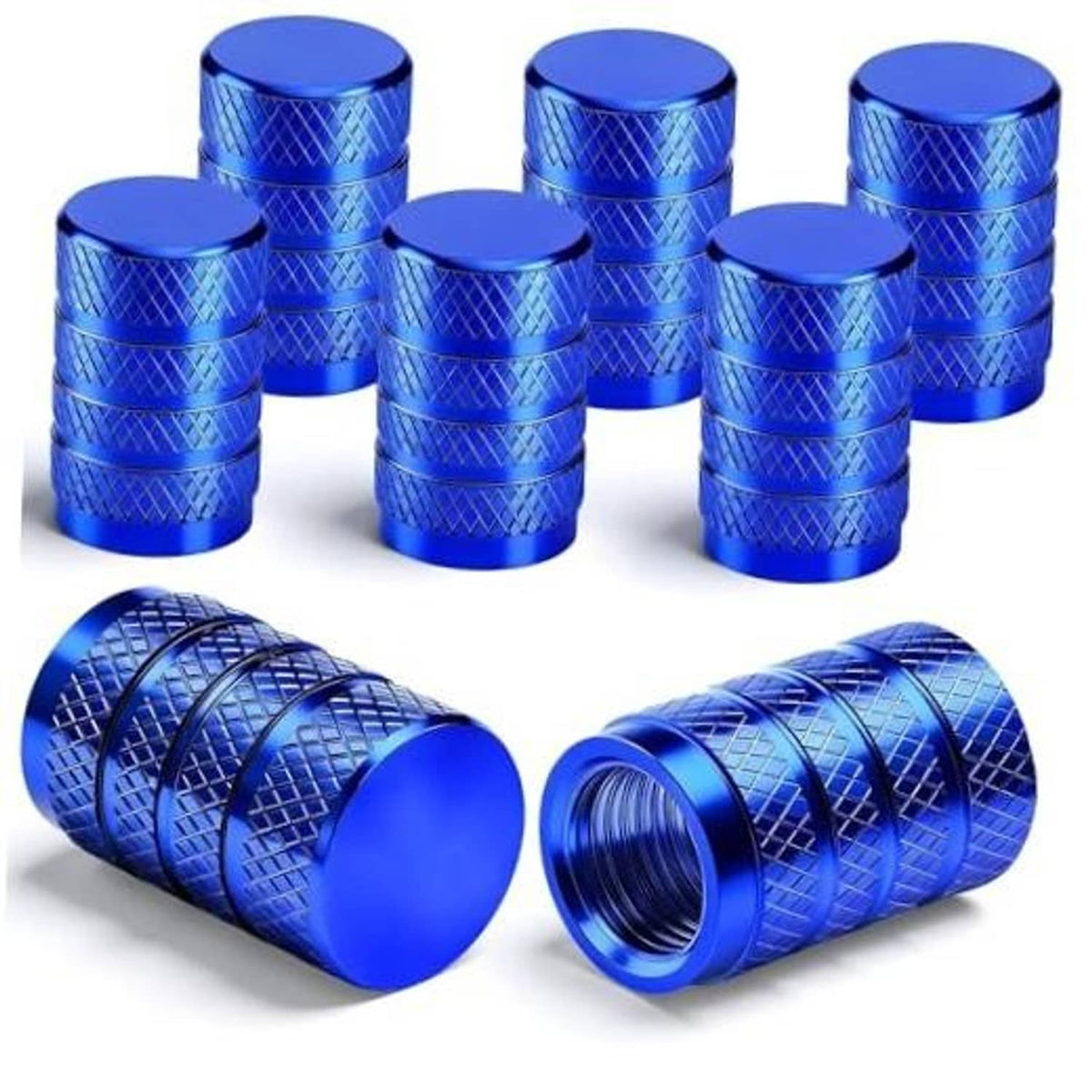 Set of blue anodized aluminum tire valve stem caps with knurled diamond pattern