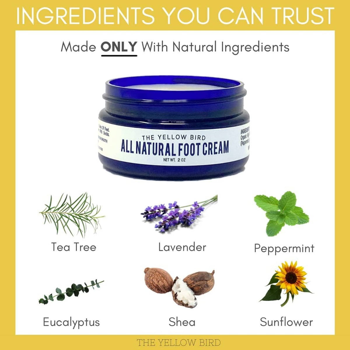 All natural foot cream jar with ingredient icons: tea tree, lavender, peppermint