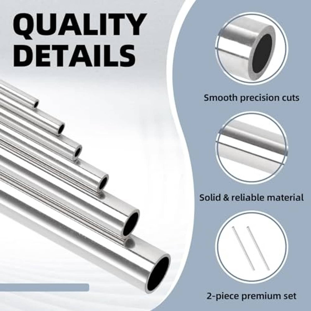 Round stainless steel tubing with smooth cut ends and polished outer surface