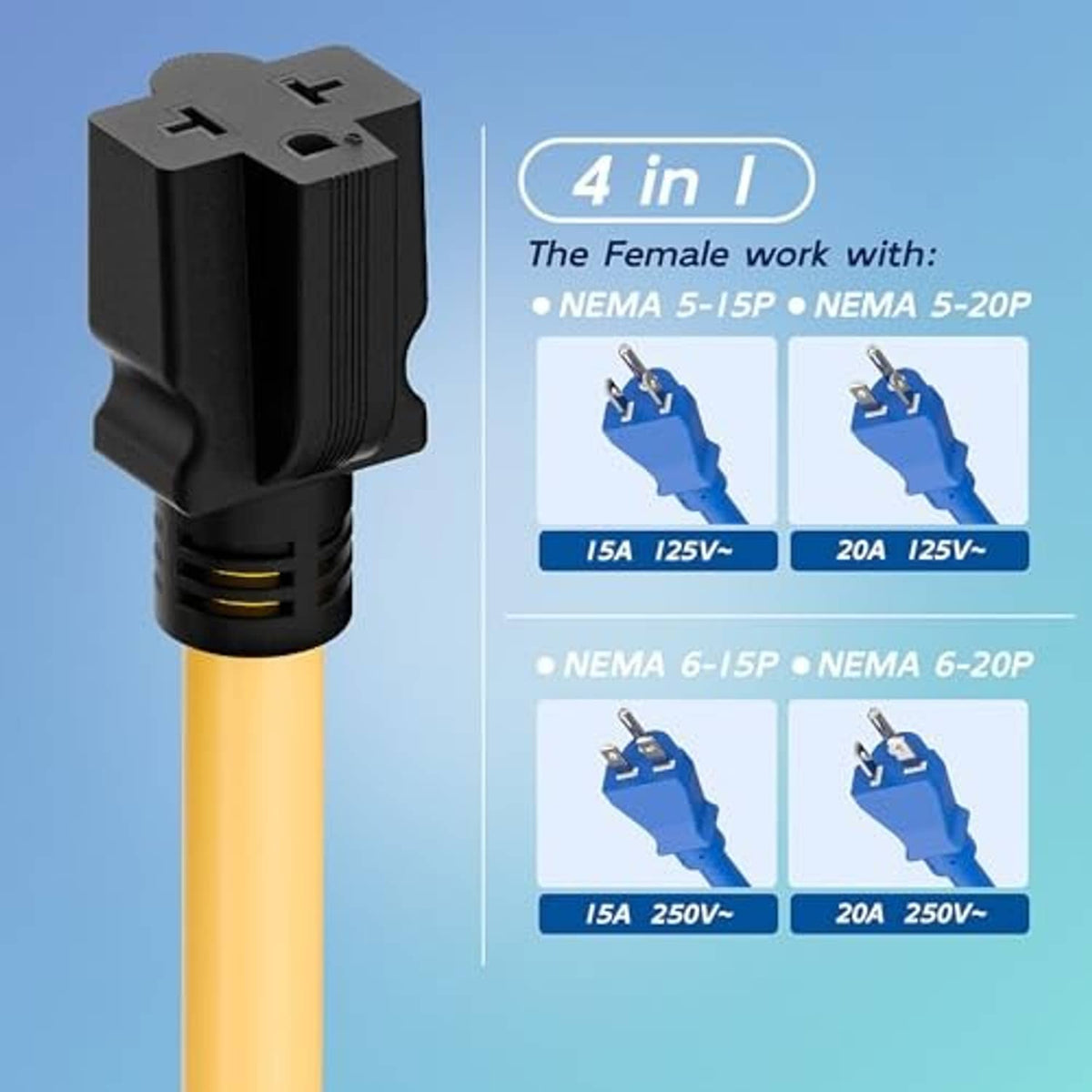NEMA 6-15R/6-20R adapter plug with gold contacts, 20A 250V