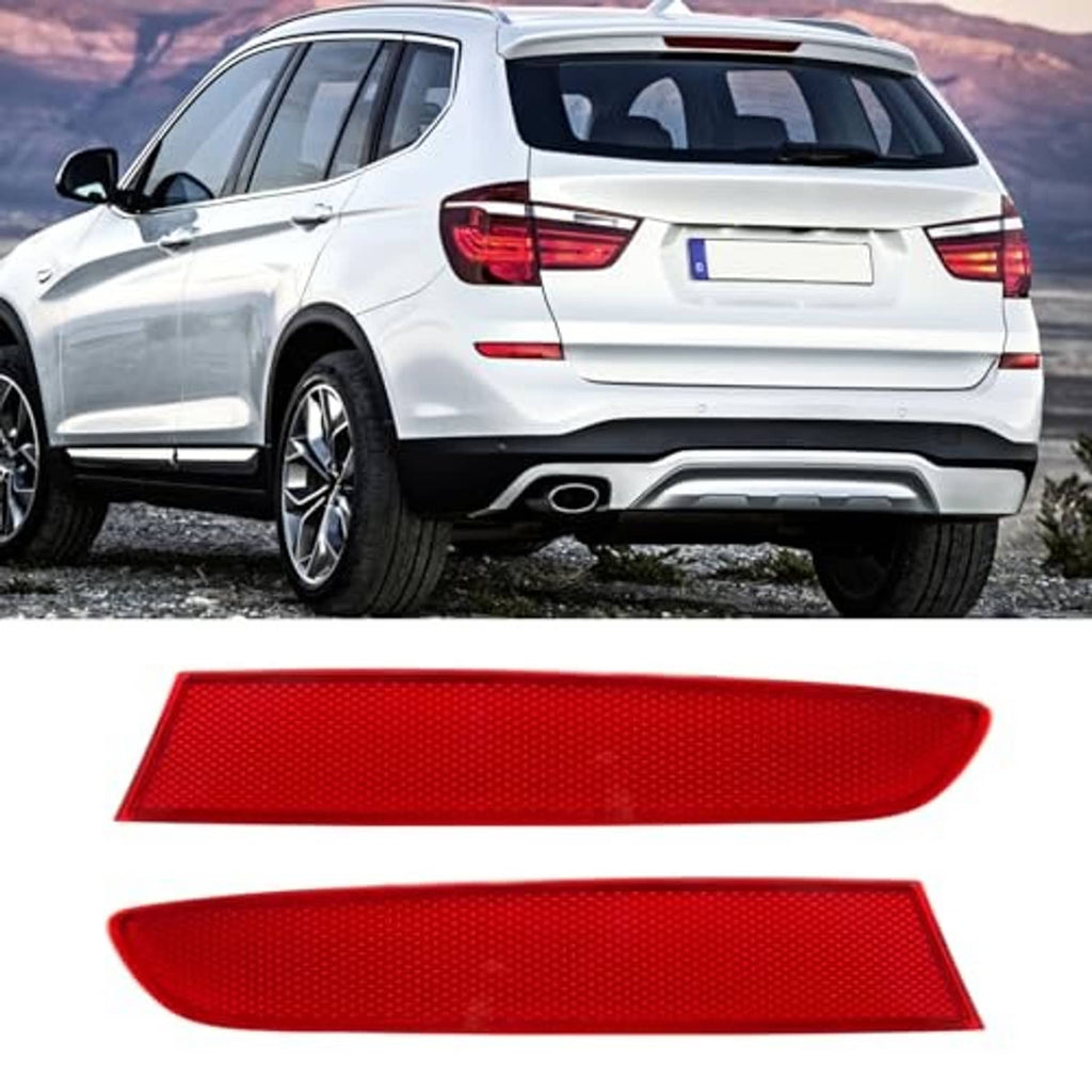 Two red rear bumper reflector lenses displayed for a left and right fit.