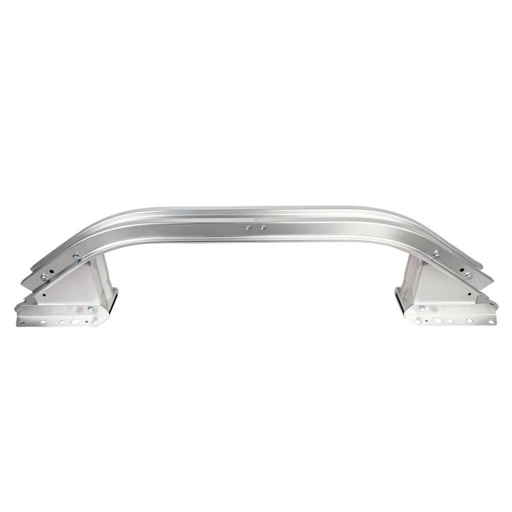 Front bumper reinforcement beam, wide front view of silver bar with bracket mounting holes.