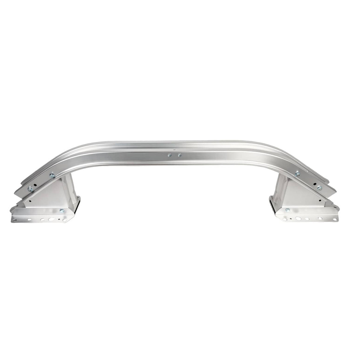 Front bumper reinforcement beam, wide front view of silver bar with bracket mounting holes.