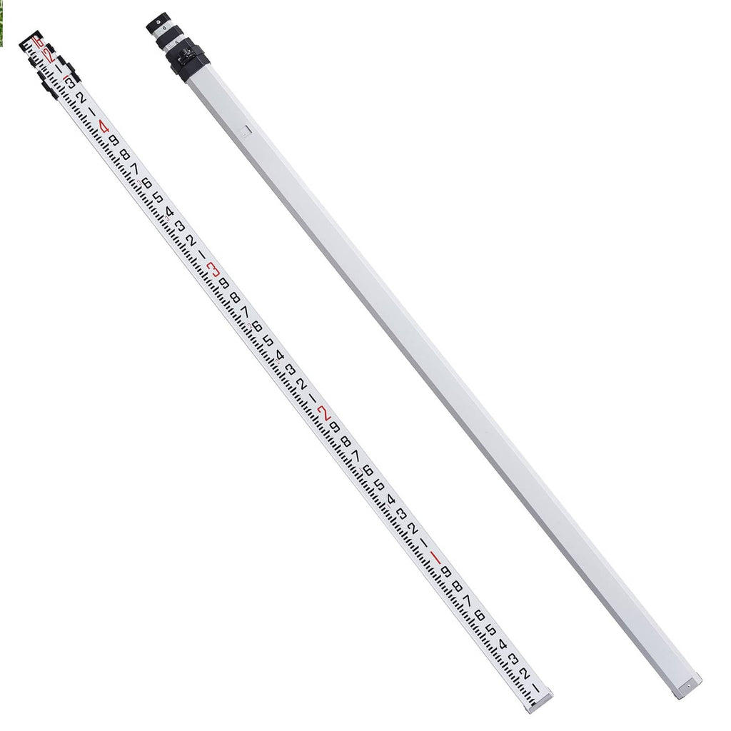 Telescopic measuring rod with silver aluminum sections and dual-sided engraved scale