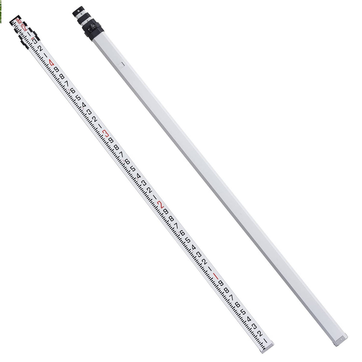 Telescopic measuring rod with silver aluminum sections and dual-sided engraved scale