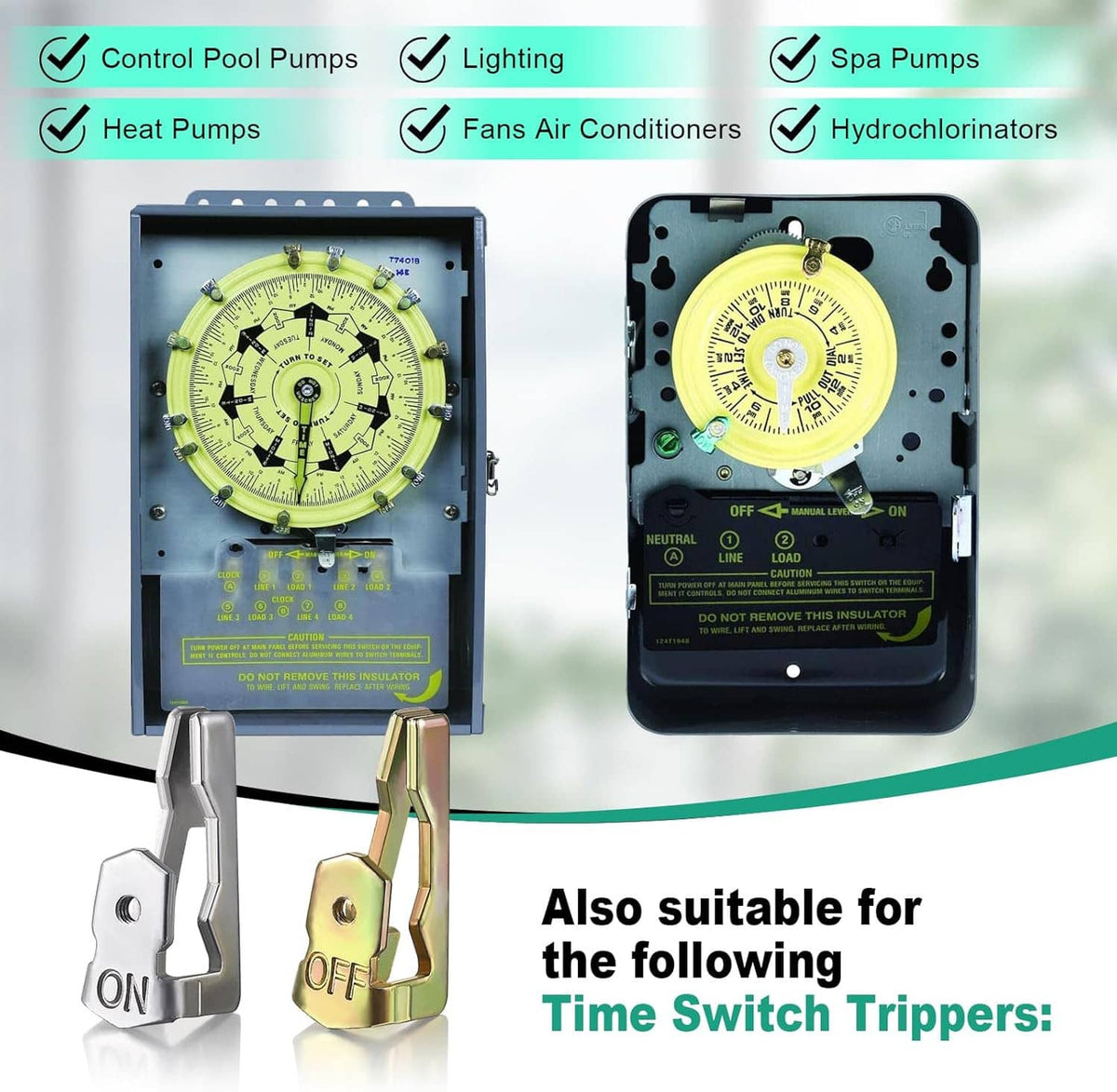 Time clock bases with yellow dials and attached silver ON and gold OFF tripper clips