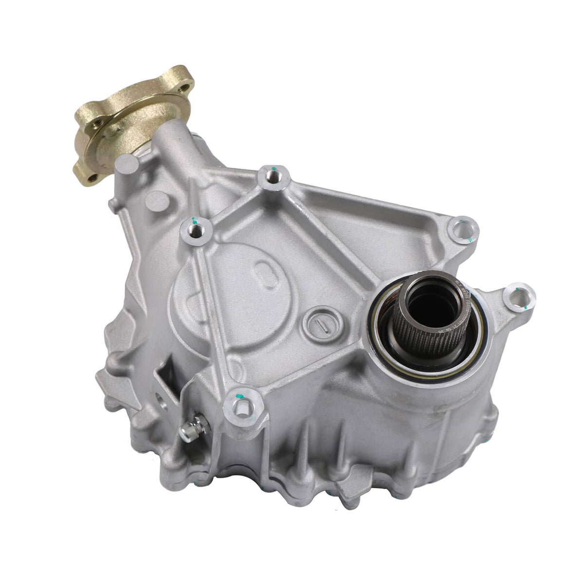 Aluminum transfer case assembly with gold flange and black bearing input opening
