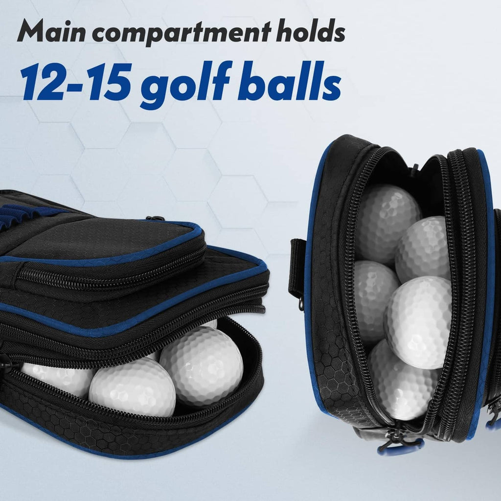 Golf ball pouch open, inner compartment holds 12–15 balls with zip closure