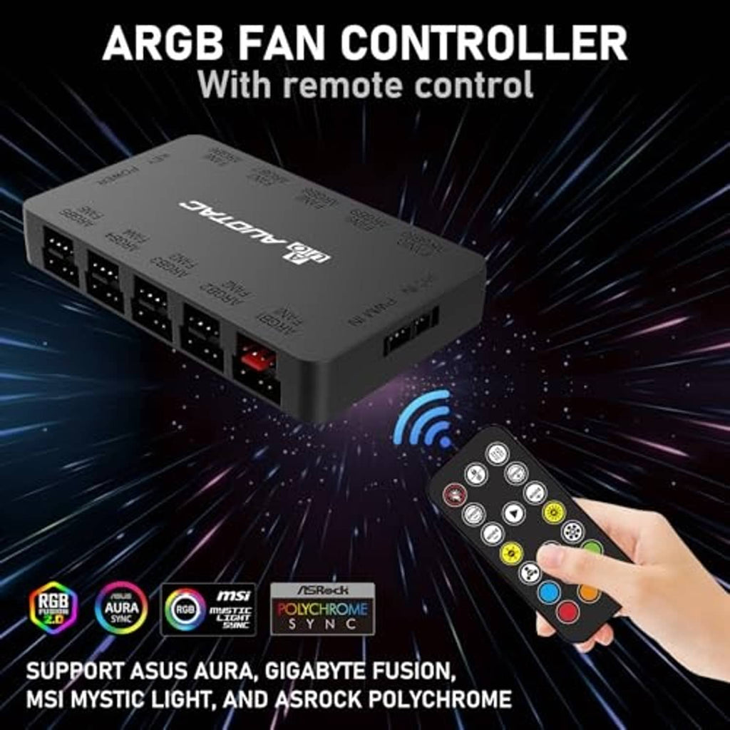 Black ARGB PWM fan hub with RF remote control and multiple output ports for fans