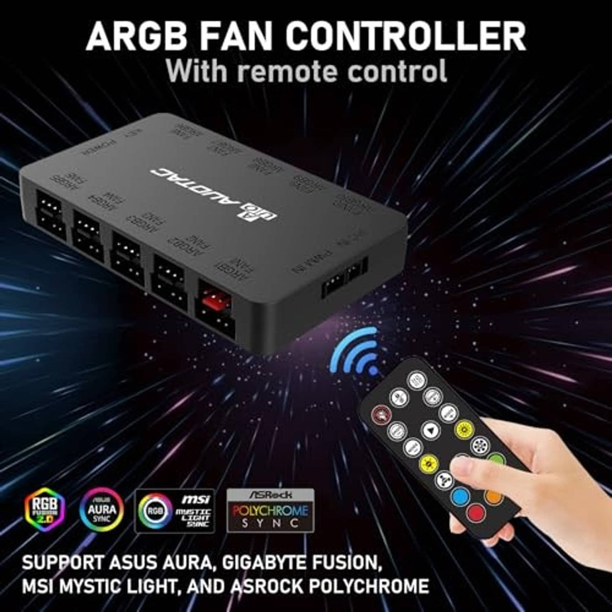 Black ARGB PWM fan hub with RF remote control and multiple output ports for fans