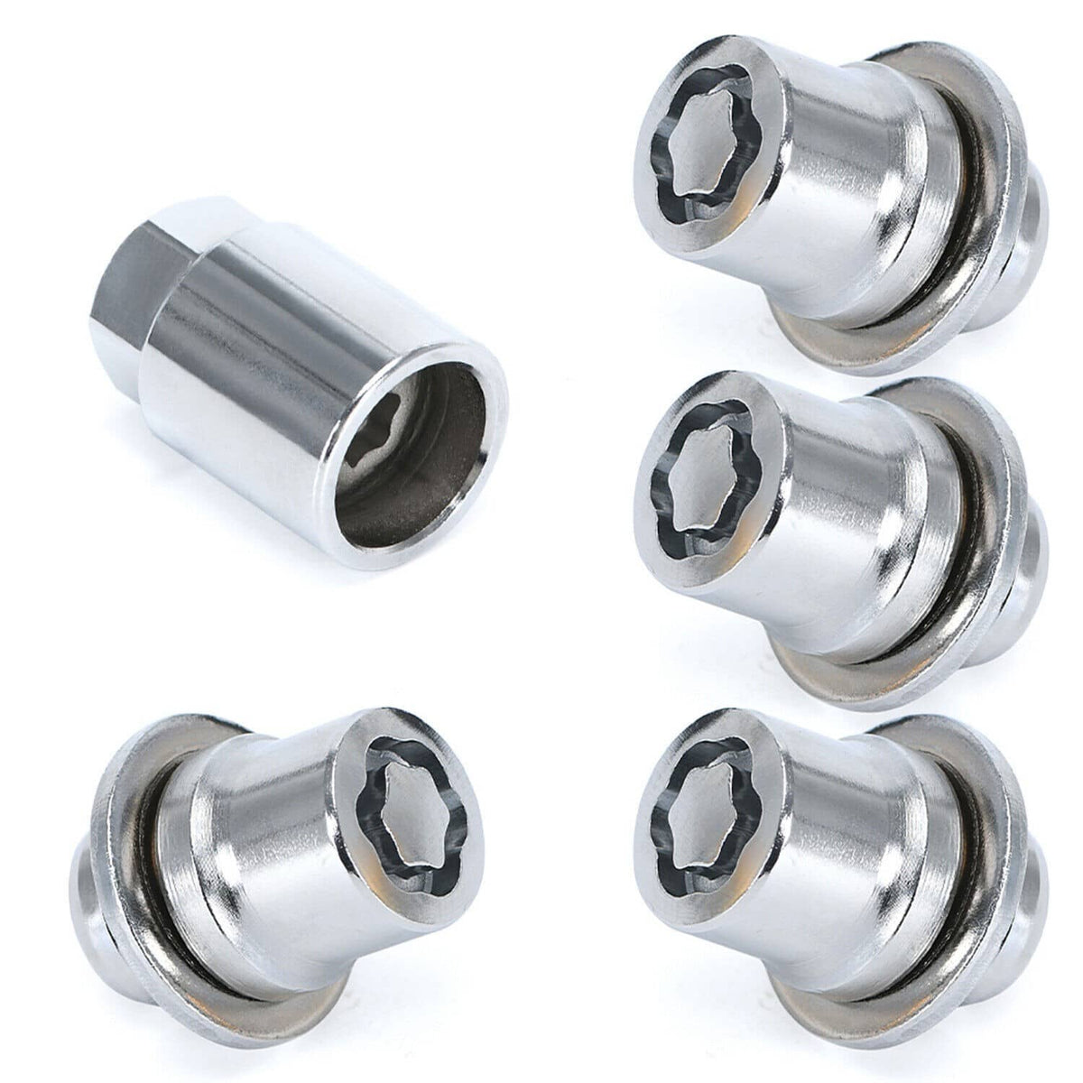 Five alloy wheel lock lug nuts with chrome finish and black internal drive openings