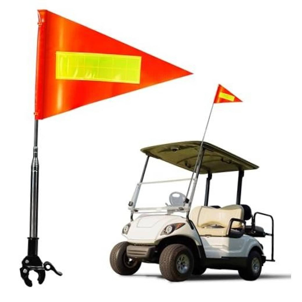 Orange safety flag on telescoping pole with reflective yellow strip and base clamp