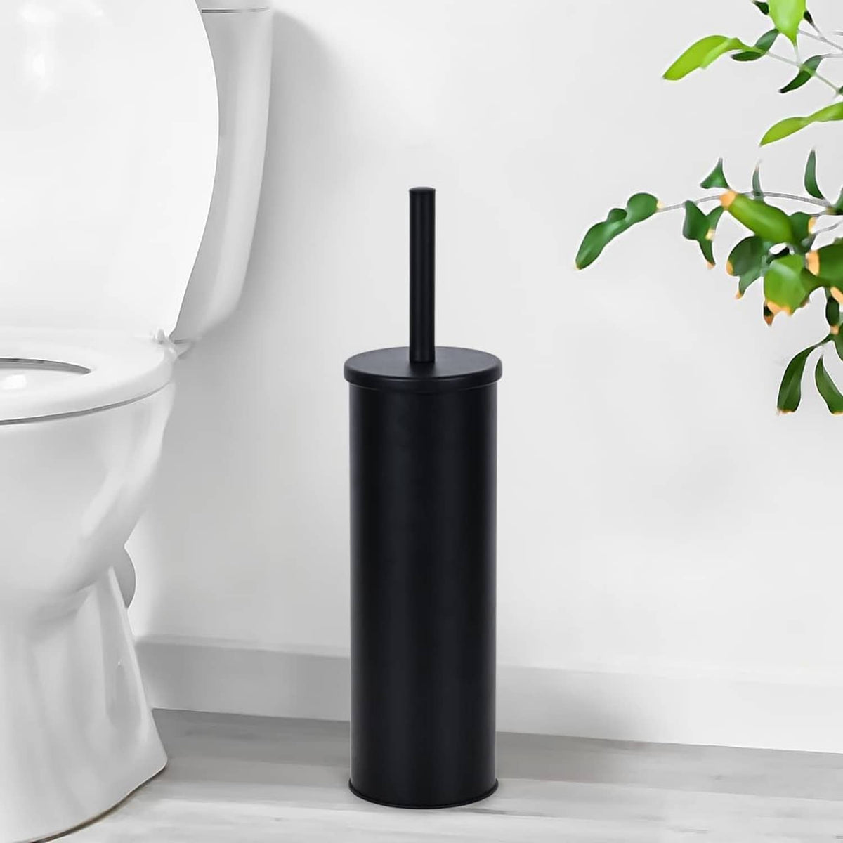 Matte black toilet plunger with cylindrical holder, upright rod and suction head