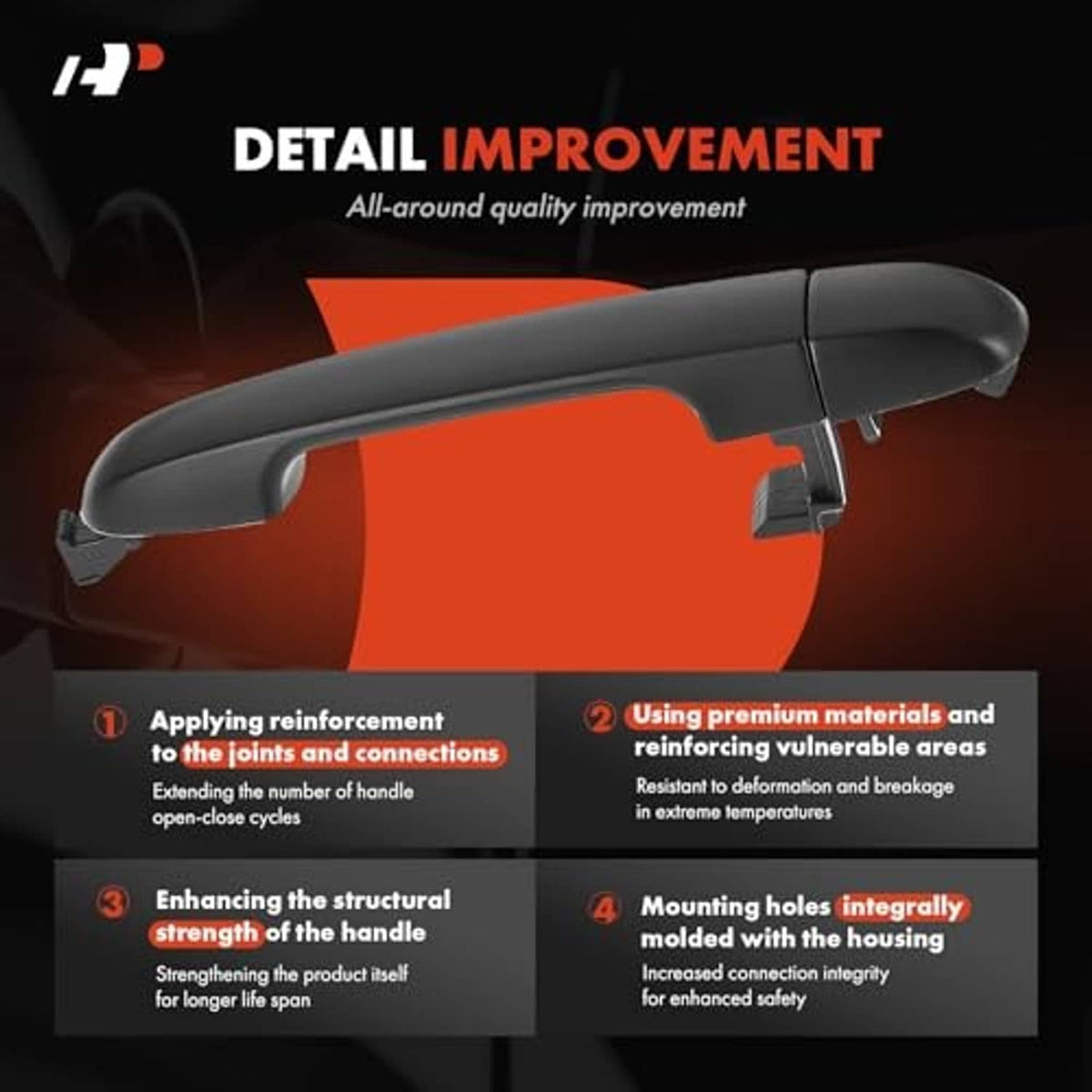 Front right exterior door handle, matte black with reinforced housing and mounting tab