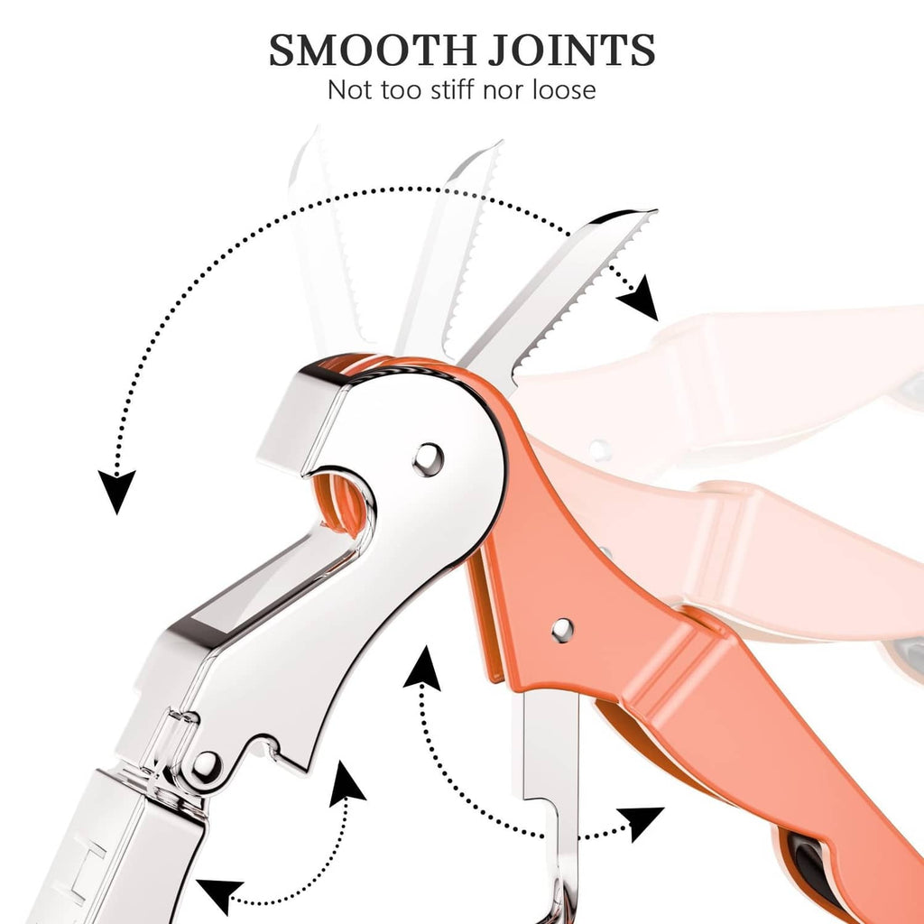Wine opener mechanism close-up with orange lever, metal spiral, and smooth joints