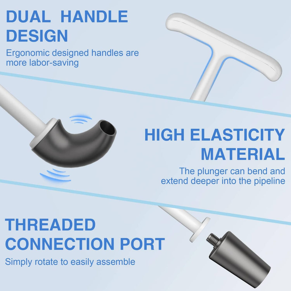 White toilet plunger with dual handles, gray rubber cup, and threaded port