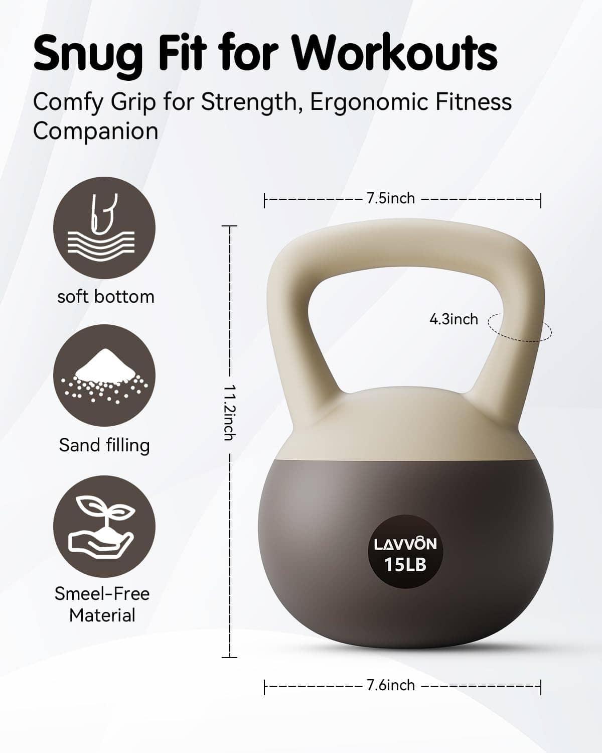 Soft kettlebell with cream top handle and dark padded bottom, LAVVON 15LB