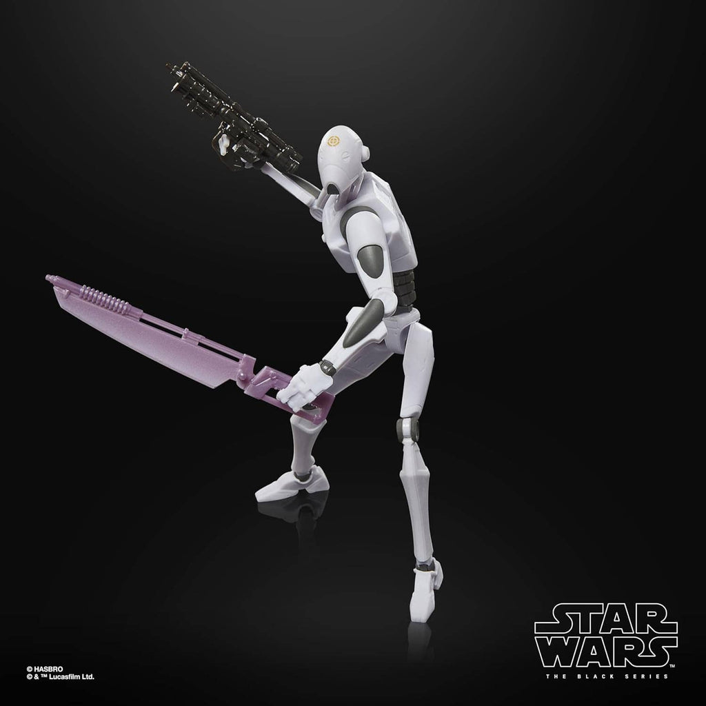 Star Wars Black Series Commando Droid action figure holding rifle and purple long weapon