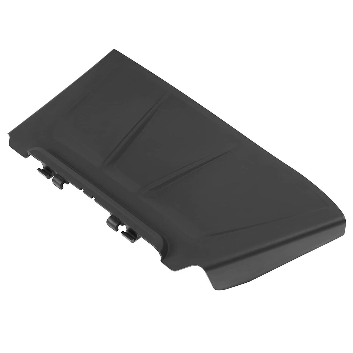 Black discharge chute cover with textured surface and integrated latch tabs