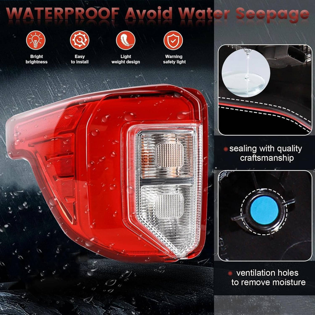 Red left rear LED tail light with clear lens and visible inner LED modules