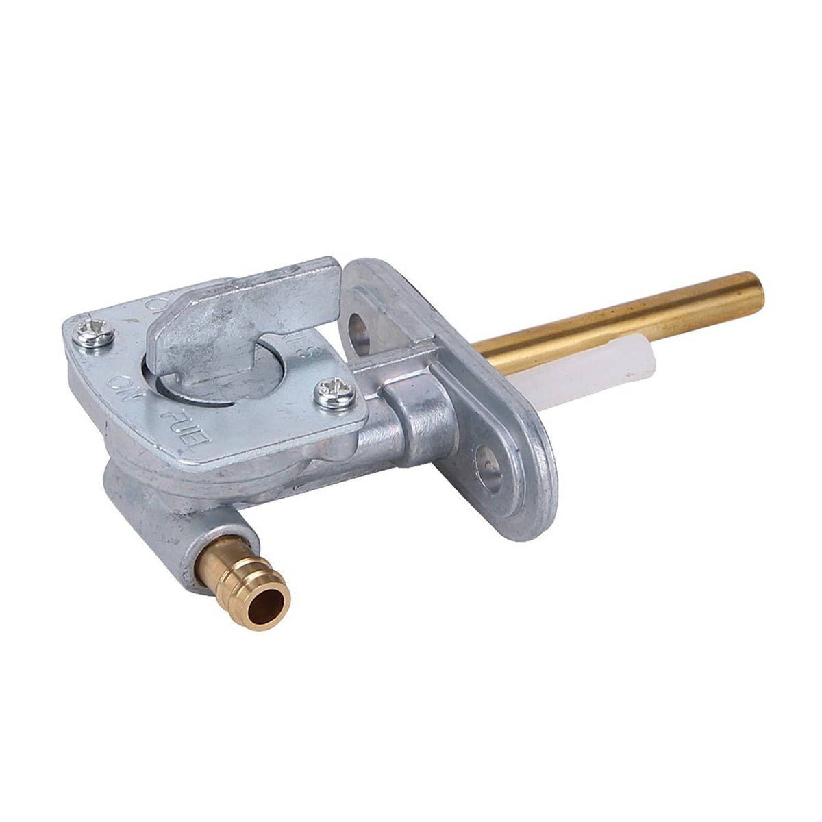 Fuel petcock valve switch assembly with brass inlet, white vacuum tube, silver metal