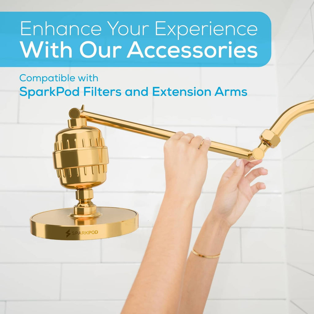 SparkPod 6-inch rain shower head with compatible SparkPod filters and extension arms shown