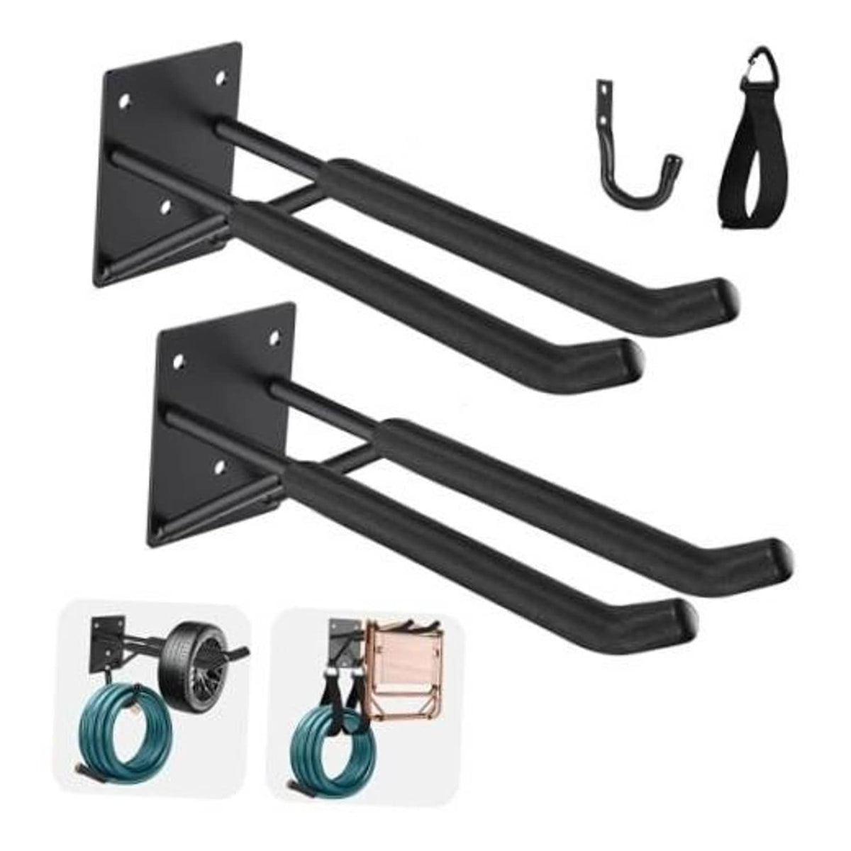 4-pack heavy-duty garage double hooks with matte black mounting plates and two curved bars