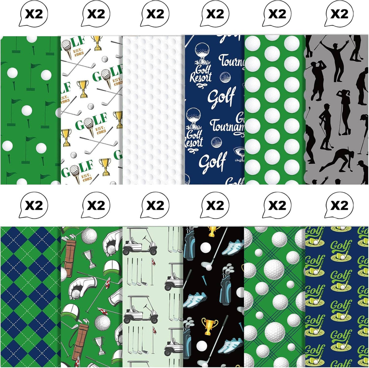 Pack of golf scrapbook paper designs with polka dots, icons, and golfer silhouettes, multiple sheets
