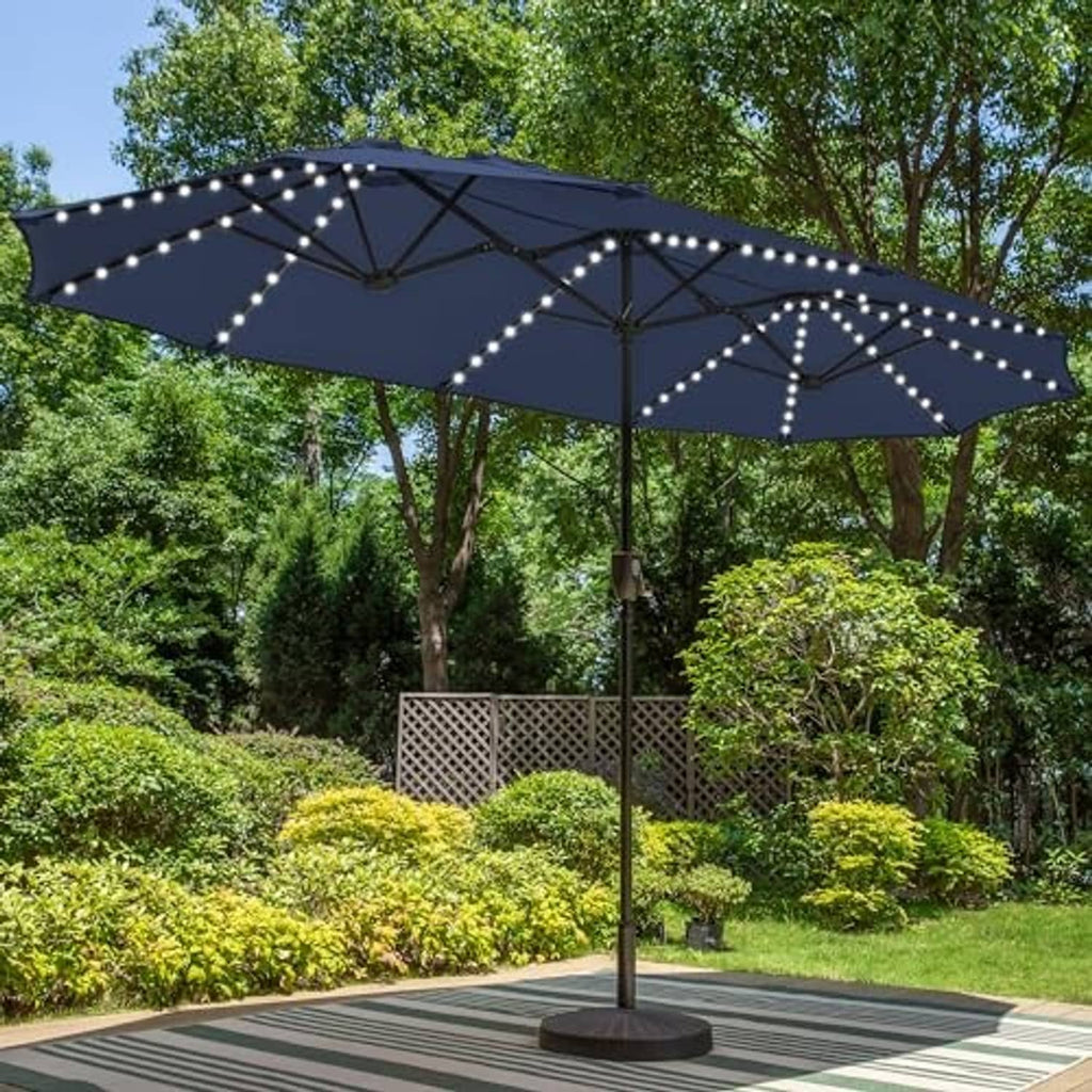 Navy patio umbrella with solar LED lights along canopy ribs and center spokes