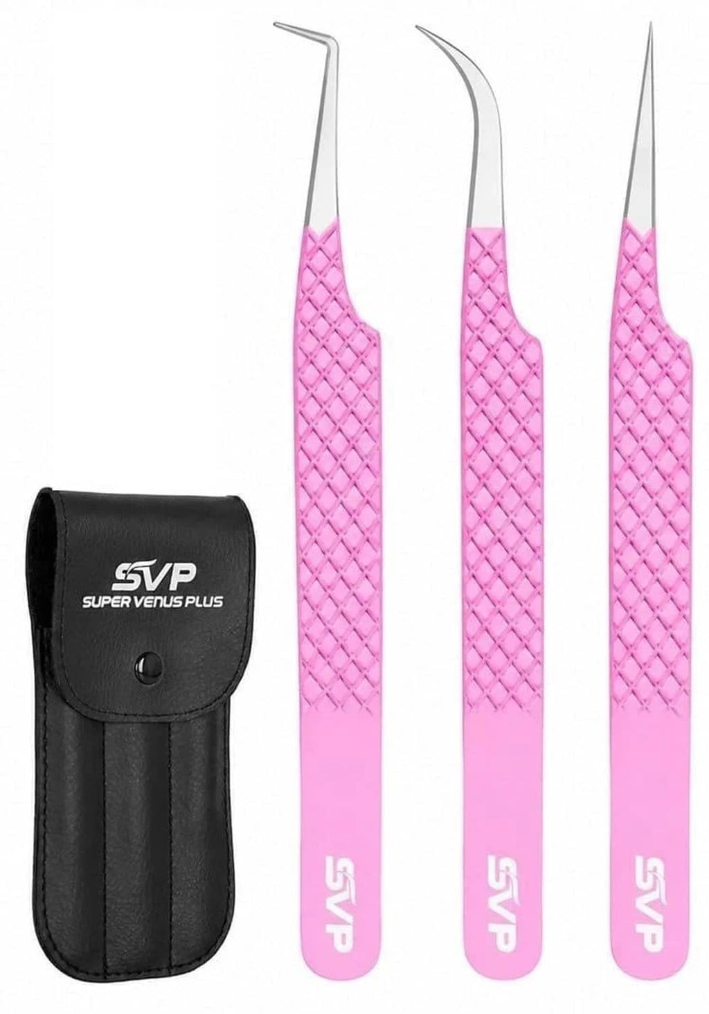 Pink diamond-grip eyelash tweezers set with three tools and black storage pouch